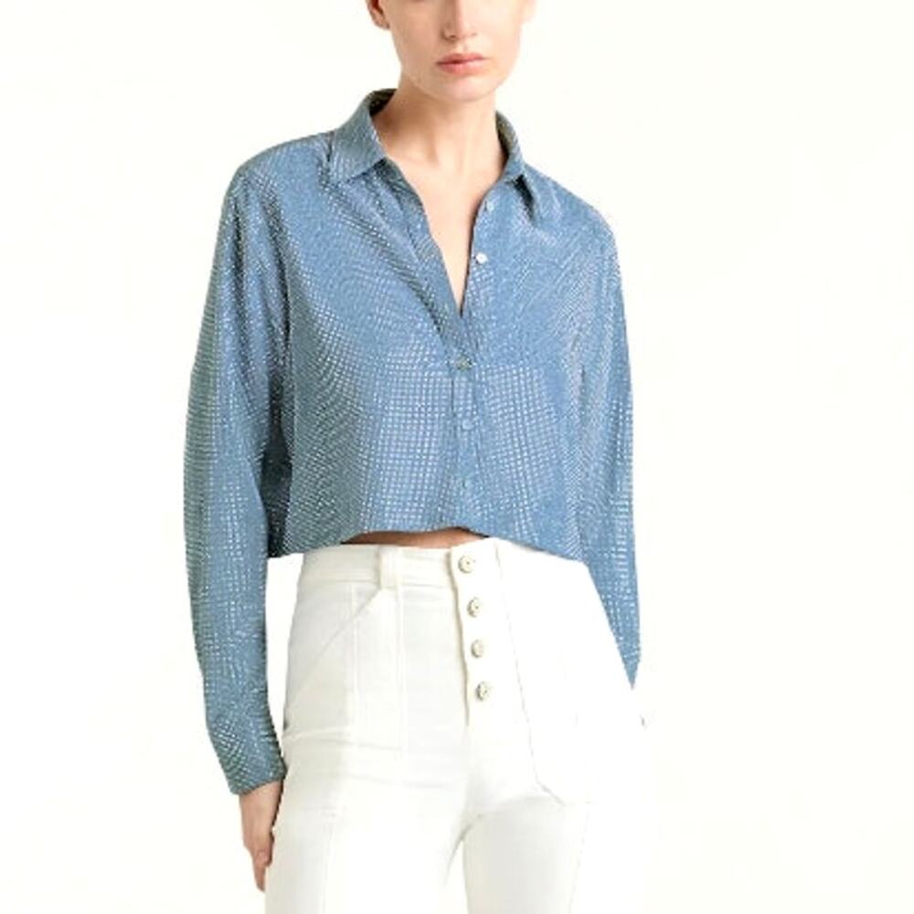 Cinq a Sept Women's Medium Blue Chambray Heatset Patricia Jean Top Size S
